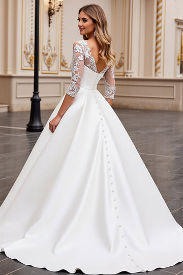A Line Long Sleeves lvory Appliqued Wedding Dress